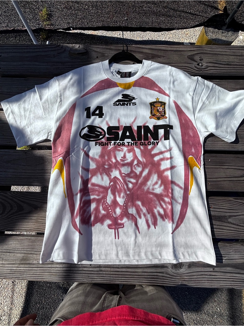 White Short-Sleeve Graphic Tee with Burgundy Print